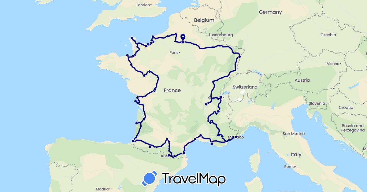 TravelMap itinerary: driving in Andorra, Switzerland, France, Monaco (Europe)