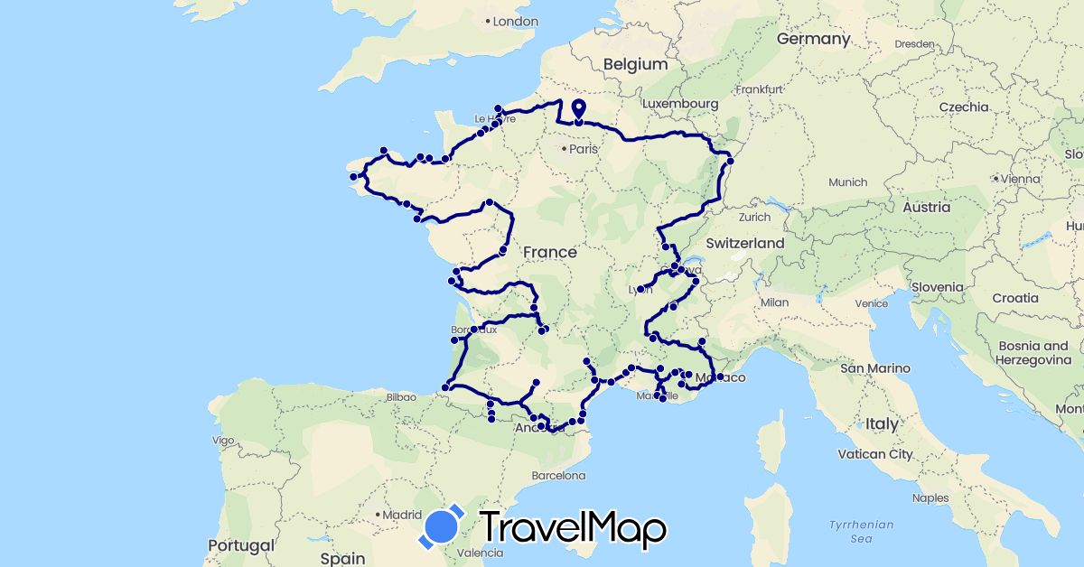 TravelMap itinerary: driving in Andorra, Switzerland, France, Monaco (Europe)